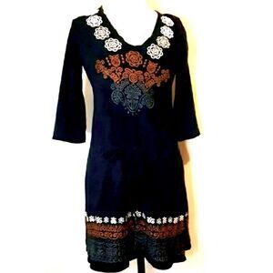 Johnny Was Black Boho Embroidered Knit Dress